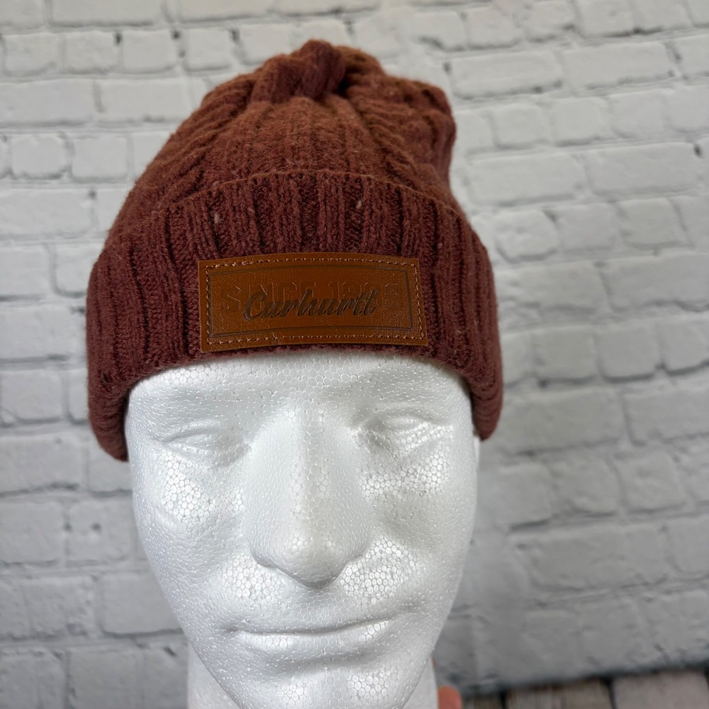 Carhartt Brown Cable Knit Cuffed Beanie Hat Faux Leather Logo Patch 0393